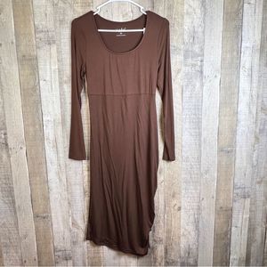 Isabel Size XS Brown Long Sleeve Crewneck Dress with Side Ruching & Tie